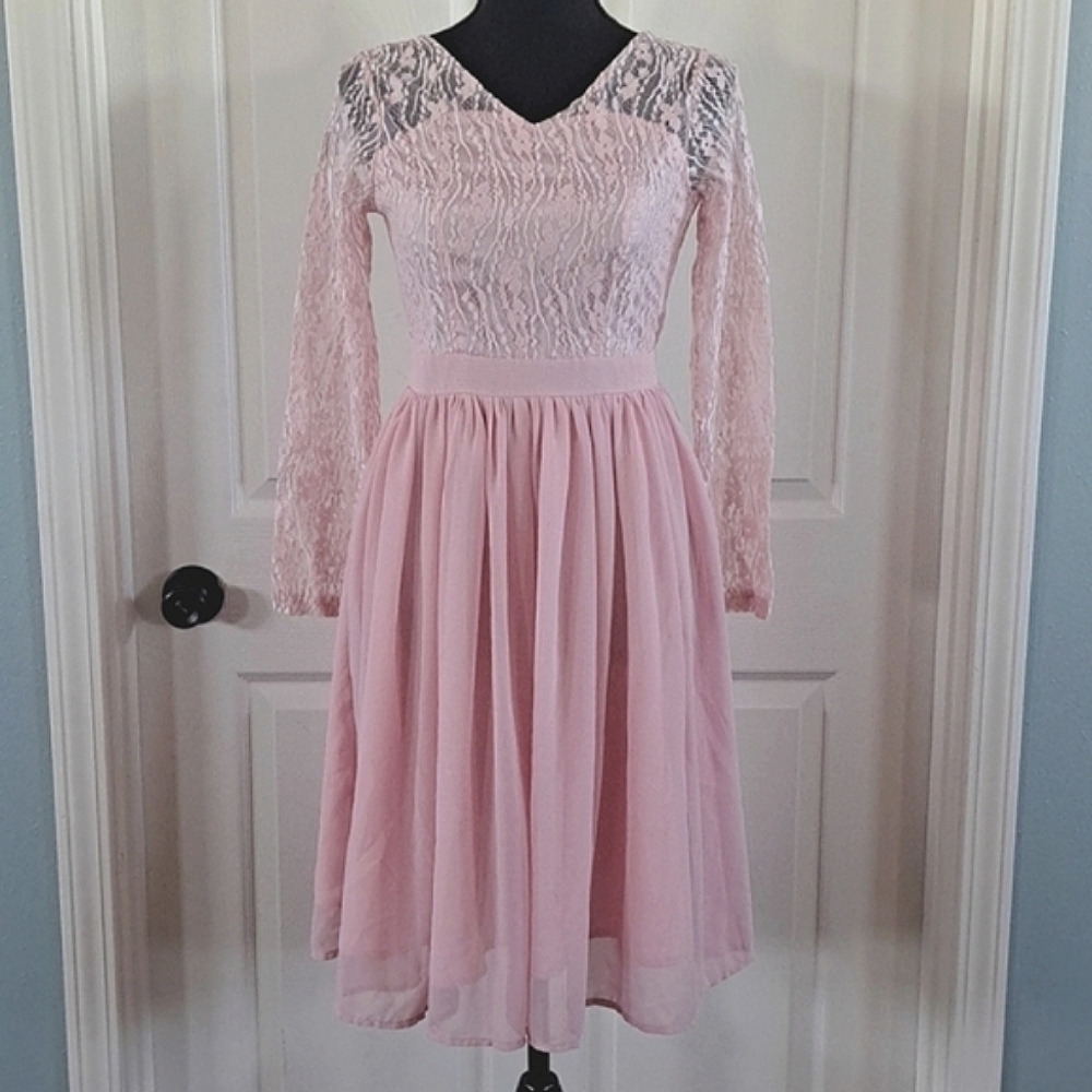 Formal Lace Cocktail Party Fancy Pastel Long Sleeve V-Neck Chiffon Women's Dress